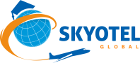 Skyotel Global logo with blue globe and orange swoosh airplane design